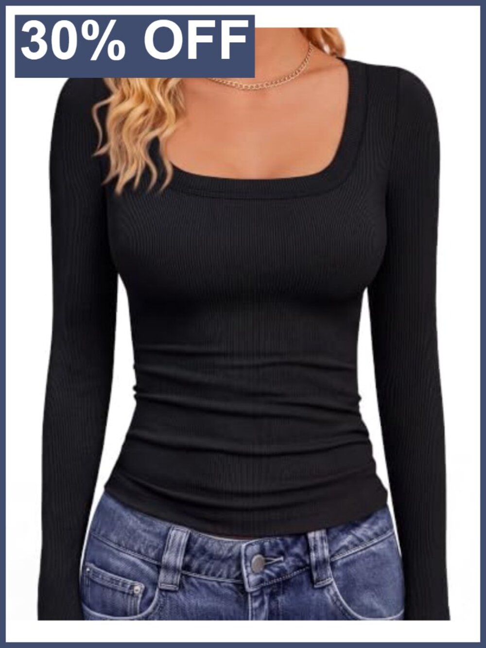 Ribbed Square Neck Long Sleeve Slim Fit Top